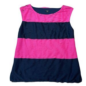 ANN TAYLOR Womens Blouse Pink Navy Pleated Sleeveless Lined Stretchy Medium
